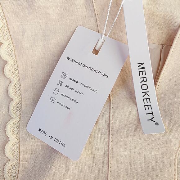 New MEROKEETY Midi Dress Medium Cream Tie Waist Bell Sleeve Cottagecore Milkmaid - Picture 9 of 13